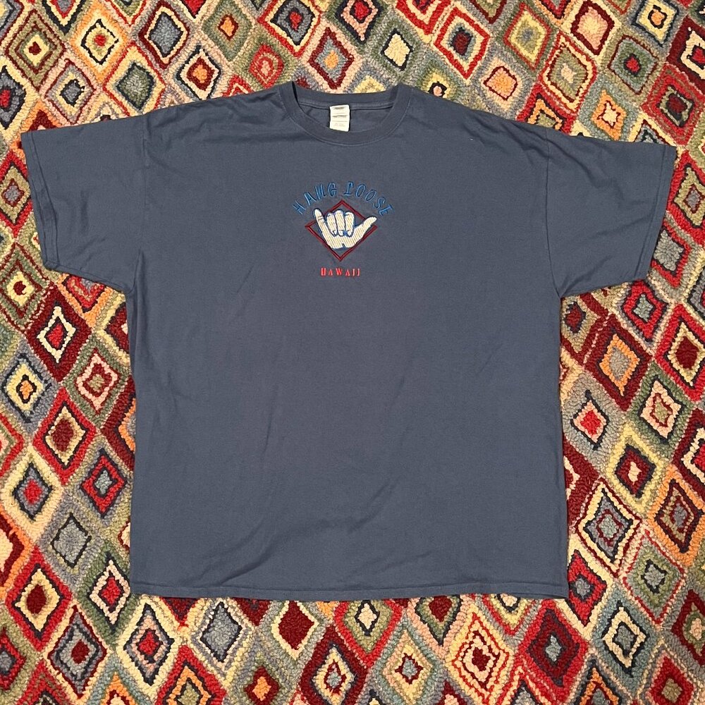 Vintage “Hang Loose Hawaii” Embroidered Tee - Dark Blue, Size 2XL